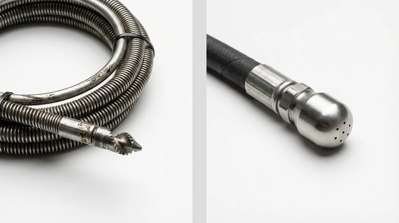 Drain snake cable and hydro jetting nozzle used for drain cleaning in Eveleth, MN