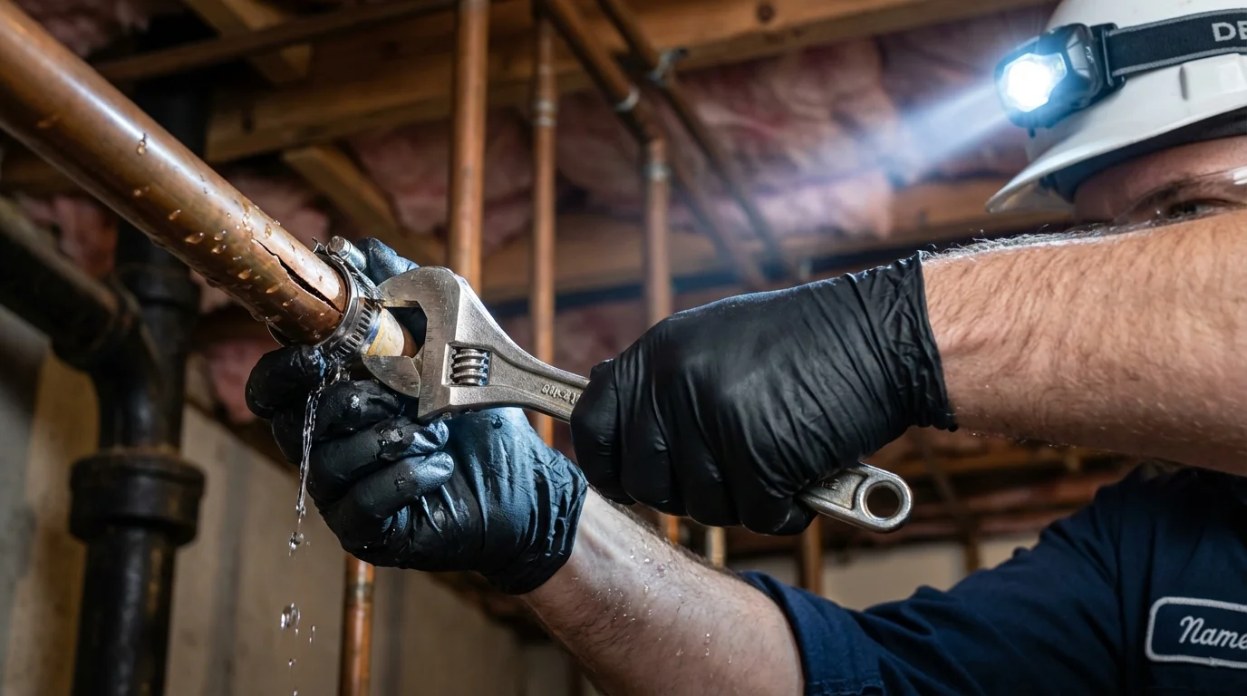 Emergency pipe clamp repair being performed by a Johns Plumbing LLC plumber in Eveleth