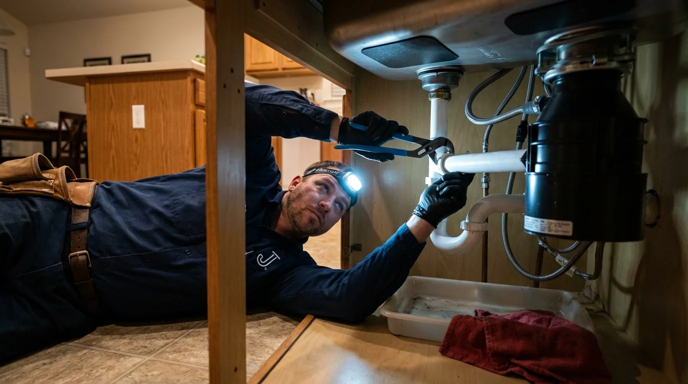 P-trap and supply line connections under a kitchen sink showing a common leak point in Eveleth, MN